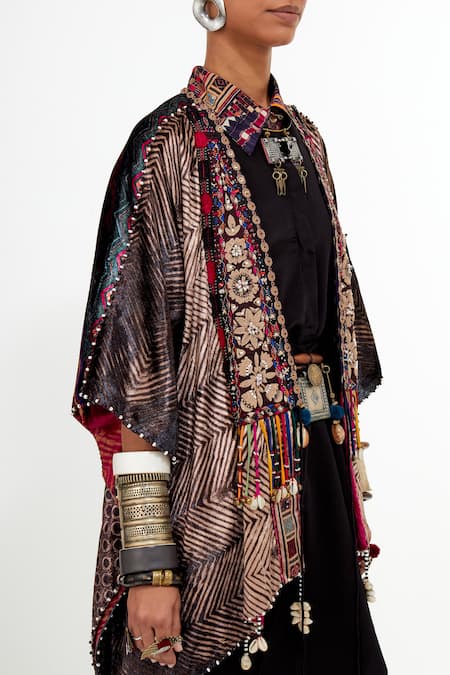 Shop Aseem Kapoor Multi Color Velvet Tassels Collared Yama Printed And Embroidered Jacket Online at Aza Fashions Shop_Aseem Kapoor_Multi Color Velvet Tassels Collared Yama Printed And Embroidered Jacket _Online_at_Aza_Fashions