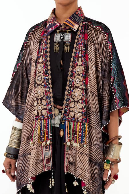 Aseem Kapoor Multi Color Velvet Tassels Collared Yama Printed And Embroidered Jacket at Aza Fashions Aseem Kapoor_Multi Color Velvet Tassels Collared Yama Printed And Embroidered Jacket _at_Aza_Fashions