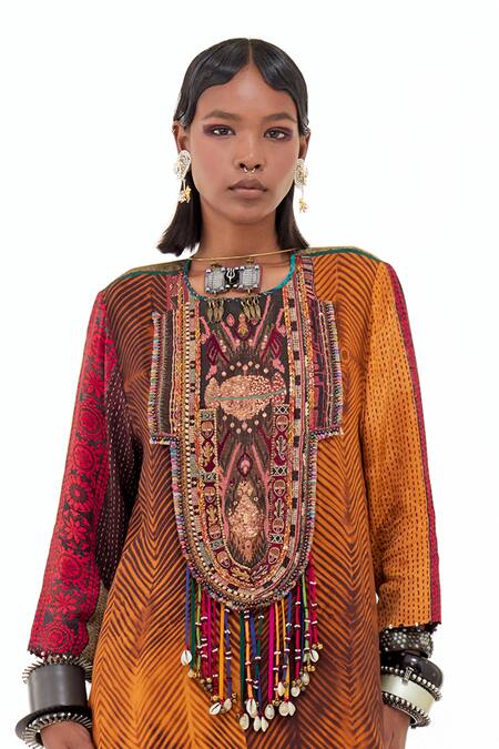 Buy_Aseem Kapoor_Yellow Cotton, Silk, Crepe Tassels, Mitra Embroidered Yoke Kurta And Trouser Set _Online_at_Aza_Fashions