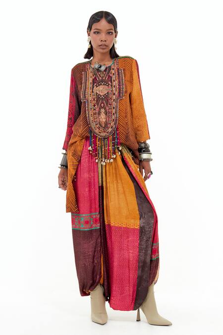 Buy_Aseem Kapoor_Yellow Cotton, Silk, Crepe Tassels, Mitra Embroidered Yoke Kurta And Trouser Set 