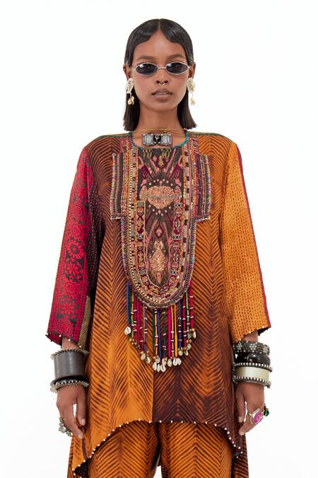 Buy_Aseem Kapoor_Yellow Silk Beads, Tassels Round Mitra Printed Asymmetric Kurta And Trouser Set _Online_at_Aza_Fashions