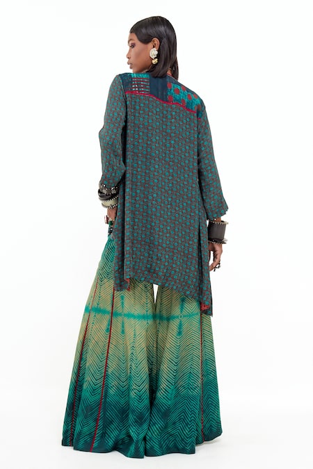 Shop Aseem Kapoor Green Satin, Cotton, Embroidery, Mitra Printed Kurta And Sharara Set at Aza Fashions Shop_Aseem Kapoor_Green Satin, Cotton, Embroidery, Mitra Printed Kurta And Sharara Set _at_Aza_Fashions