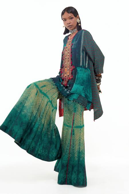 Shop Aseem Kapoor Green Satin, Cotton, Embroidery, Mitra Printed Kurta And Sharara Set Online at Aza Fashions Shop_Aseem Kapoor_Green Satin, Cotton, Embroidery, Mitra Printed Kurta And Sharara Set _Online_at_Aza_Fashions