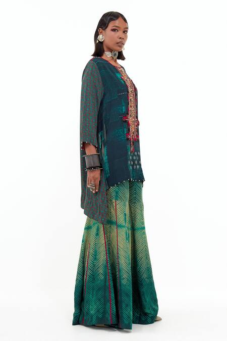 Aseem Kapoor Green Satin, Cotton, Embroidery, Mitra Printed Kurta And Sharara Set at Aza Fashions Aseem Kapoor_Green Satin, Cotton, Embroidery, Mitra Printed Kurta And Sharara Set _at_Aza_Fashions