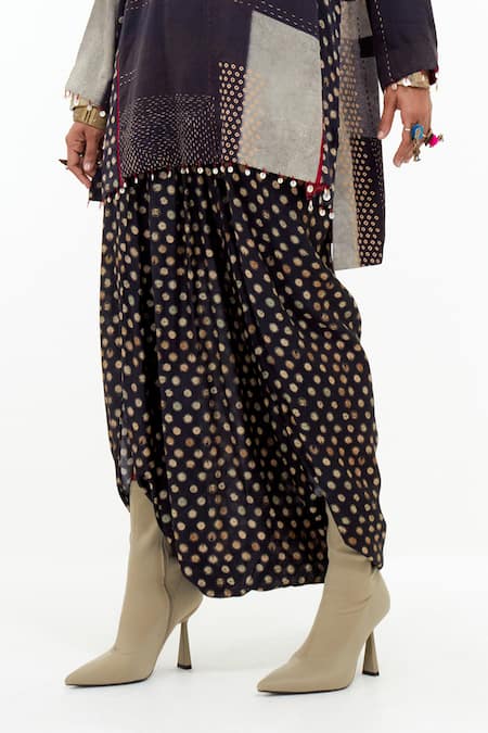Aseem Kapoor_Black Cotton, Silk Sequins, Mitra Asymmetric Printed Kurta And Trouser Set _Online_at_Aza_Fashions