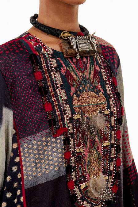 Buy_Aseem Kapoor_Black Cotton, Silk Sequins, Mitra Asymmetric Printed Kurta And Trouser Set _Online_at_Aza_Fashions