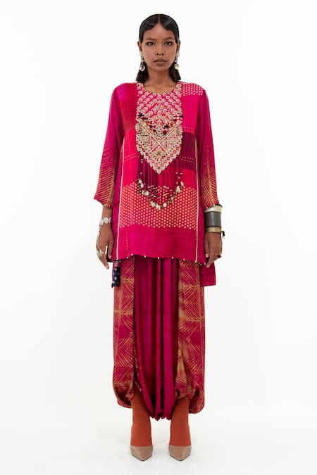 Aseem Kapoor_Pink Cotton, Silk, Muslin Mitra Tribal Embroidered Yoke Kurta With Trouser _Online_at_Aza_Fashions