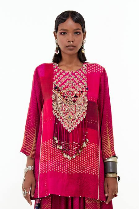 Buy_Aseem Kapoor_Pink Cotton, Silk, Muslin Mitra Tribal Embroidered Yoke Kurta With Trouser _Online_at_Aza_Fashions