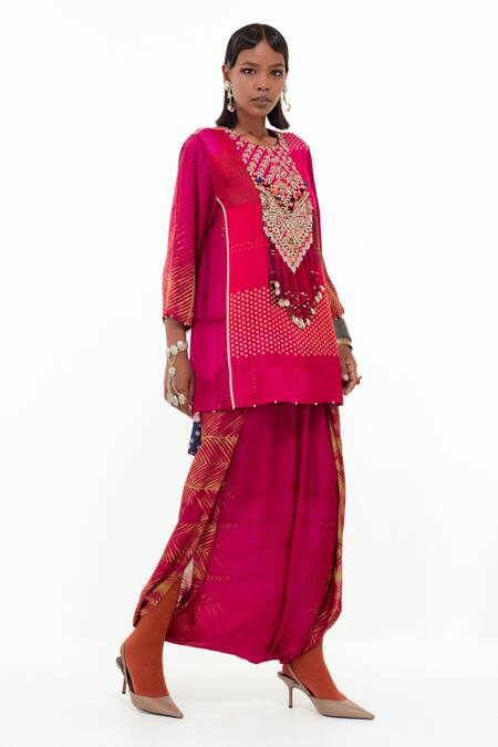 Aseem Kapoor_Pink Cotton, Silk, Muslin Mitra Tribal Embroidered Yoke Kurta With Trouser _at_Aza_Fashions
