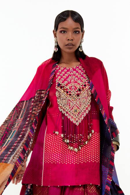 Aseem Kapoor Pink Cotton, Silk, Muslin Beads, Mitra Tribal Embroidered Yoke Kurta Set Online at Aza Fashions Aseem Kapoor_Pink Cotton, Silk, Muslin Beads, Mitra Tribal Embroidered Yoke Kurta Set _Online_at_Aza_Fashions
