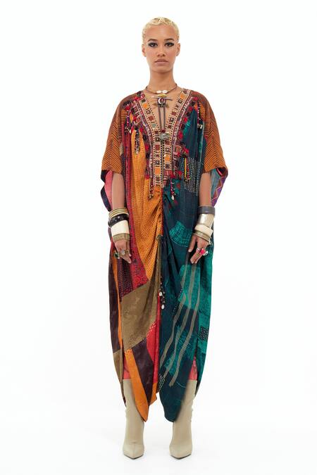 Aseem Kapoor_Multi Color Beads, Gota Patti V-neck Vaayu Embellished Yoke Kaftan Jumpsuit _Online_at_Aza_Fashions