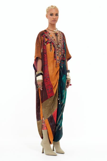 Buy_Aseem Kapoor_Multi Color Beads, Gota Patti V-neck Vaayu Embellished Yoke Kaftan Jumpsuit _Online_at_Aza_Fashions