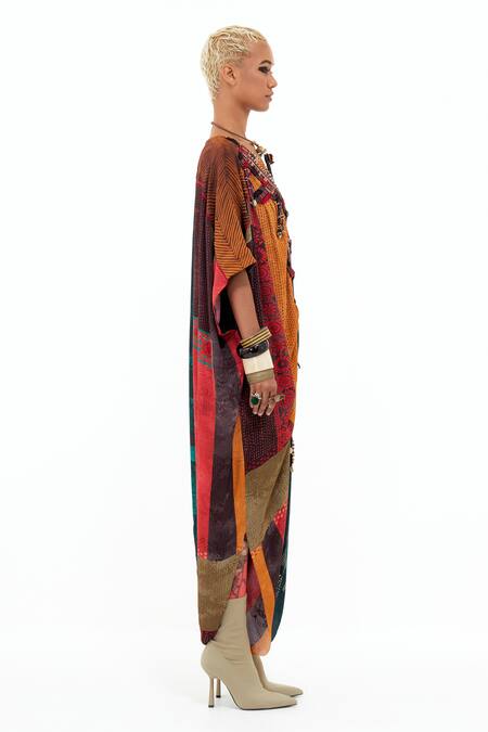 Shop_Aseem Kapoor_Multi Color Beads, Gota Patti V-neck Vaayu Embellished Yoke Kaftan Jumpsuit _Online_at_Aza_Fashions