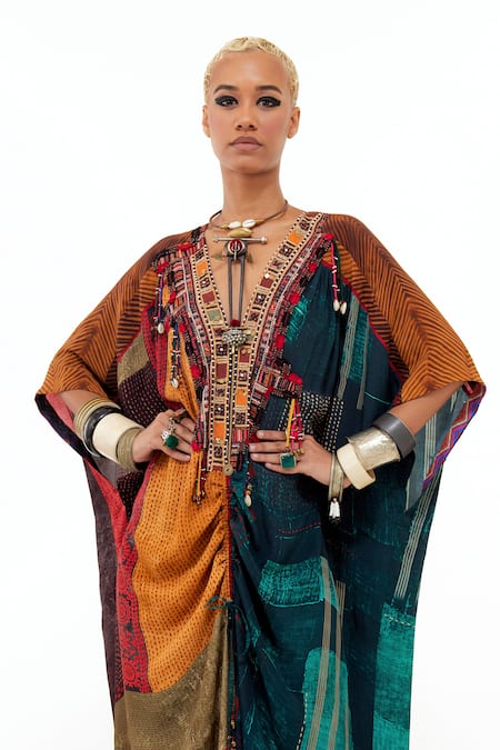 Aseem Kapoor_Multi Color Beads, Gota Patti V-neck Vaayu Embellished Yoke Kaftan Jumpsuit _at_Aza_Fashions