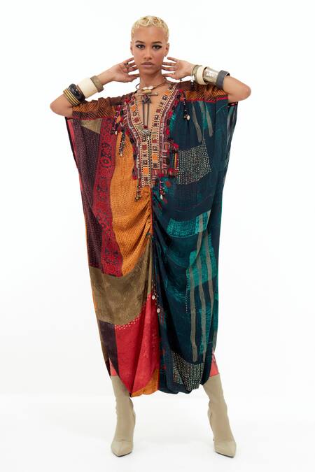 Buy_Aseem Kapoor_Multi Color Beads, Gota Patti V-neck Vaayu Embellished Yoke Kaftan Jumpsuit 