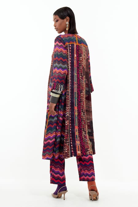 Shop_Aseem Kapoor_Multi Color Cotton, Silk, Satin Indra Printed Choga Kurta And Trouser Set _at_Aza_Fashions