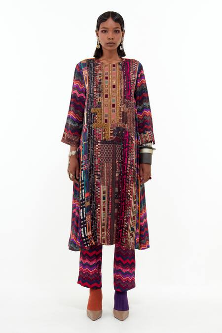 Aseem Kapoor_Multi Color Cotton, Silk, Satin Indra Printed Choga Kurta And Trouser Set _Online_at_Aza_Fashions