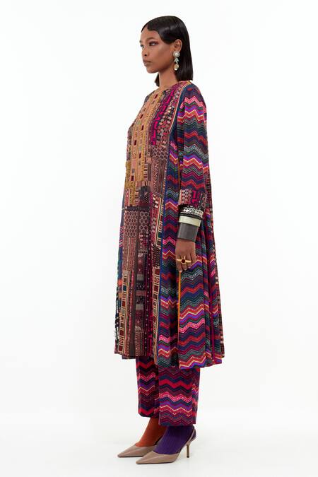 Shop_Aseem Kapoor_Multi Color Cotton, Silk, Satin Indra Printed Choga Kurta And Trouser Set _Online_at_Aza_Fashions