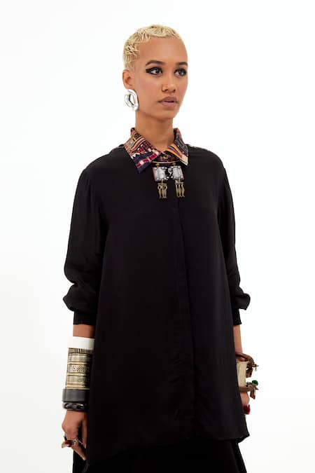 Aseem Kapoor_Black Crepe Collared Mandala Printed Shirt _Online_at_Aza_Fashions