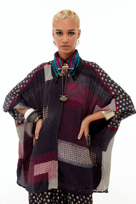 Buy_Aseem Kapoor_Black Crepe Collared Mandala Printed Shirt And Draped Trouser Set _Online_at_Aza_Fashions