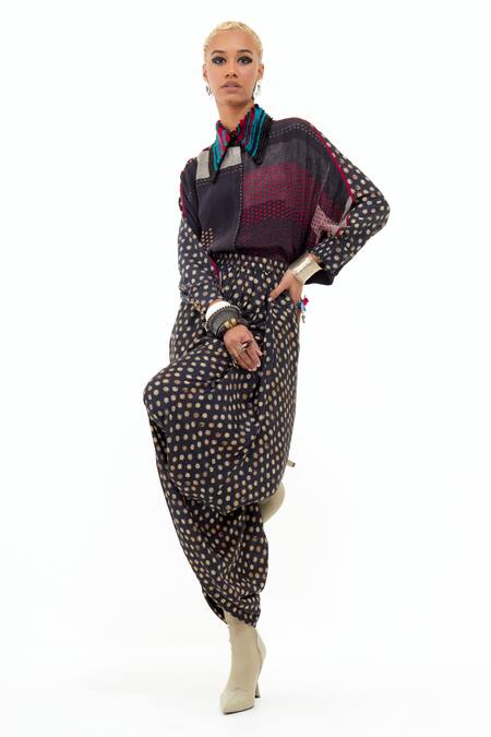 Shop_Aseem Kapoor_Black Crepe Collared Mandala Printed Shirt And Draped Trouser Set _Online_at_Aza_Fashions