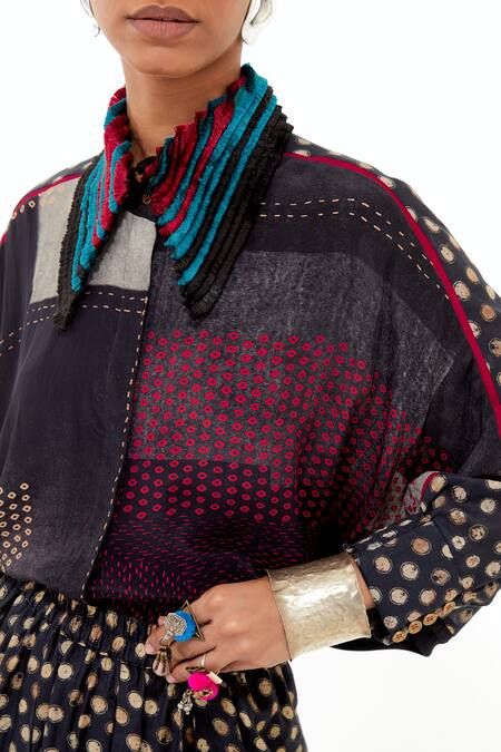 Buy_Aseem Kapoor_Black Crepe Collared Mandala Printed Shirt And Draped Trouser Set 