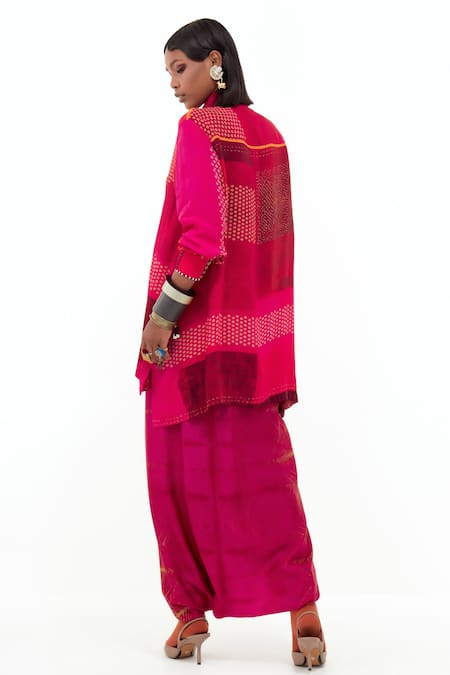 Shop_Aseem Kapoor_Pink Cotton, Silk Beads Collared Atri Printed Shirt And Draped Pant Set _at_Aza_Fashions