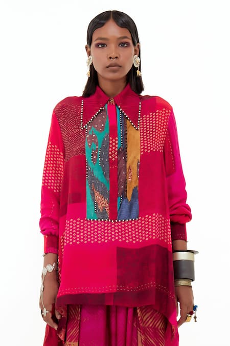 Aseem Kapoor_Pink Cotton, Silk Beads Collared Atri Printed Shirt And Draped Pant Set _Online_at_Aza_Fashions