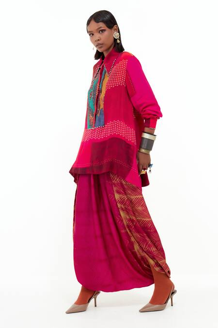 Buy_Aseem Kapoor_Pink Cotton, Silk Beads Collared Atri Printed Shirt And Draped Pant Set _Online_at_Aza_Fashions