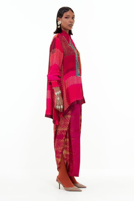 Shop_Aseem Kapoor_Pink Cotton, Silk Beads Collared Atri Printed Shirt And Draped Pant Set _Online_at_Aza_Fashions