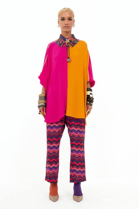 Aseem Kapoor_Pink Beads Collared Mandala Color Block Shirt _Online_at_Aza_Fashions