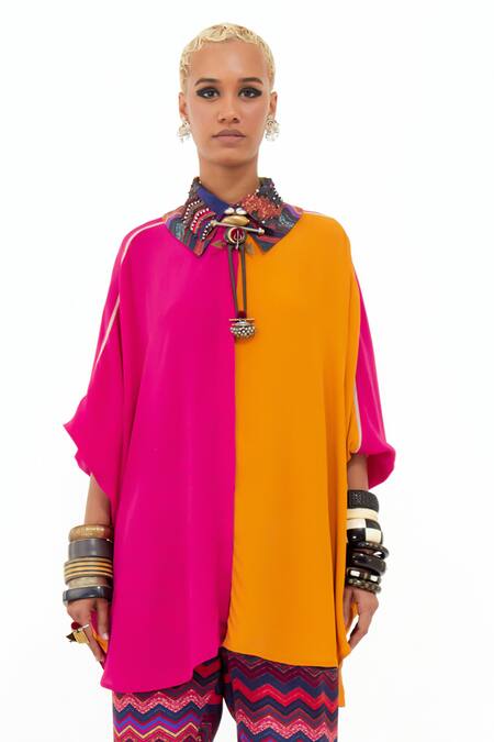 Buy_Aseem Kapoor_Pink Beads Collared Mandala Color Block Shirt _Online_at_Aza_Fashions