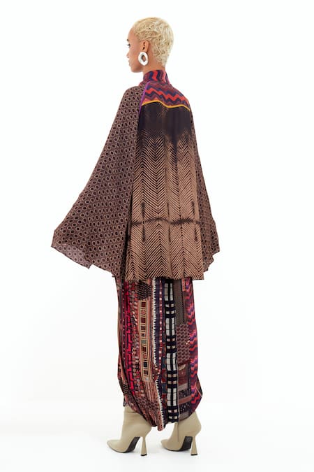 Shop_Aseem Kapoor_Multi Color Cotton, Silk, Crepe Mariyam Printed Cape Shirt And Draped Trouser Set _at_Aza_Fashions