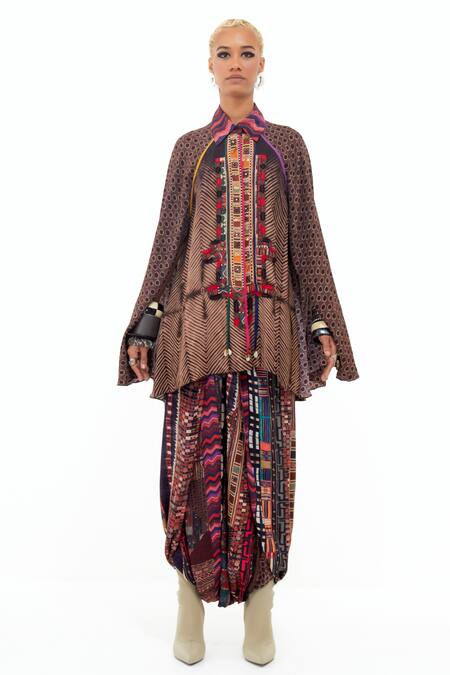 Aseem Kapoor_Multi Color Cotton, Silk, Crepe Mariyam Printed Cape Shirt And Draped Trouser Set _Online_at_Aza_Fashions