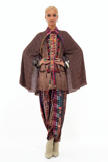 Buy_Aseem Kapoor_Multi Color Cotton, Silk, Crepe Mariyam Printed Cape Shirt And Draped Trouser Set _Online_at_Aza_Fashions