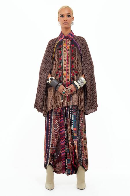 Aseem Kapoor_Multi Color Cotton, Silk, Crepe Mariyam Printed Cape Shirt And Draped Trouser Set _at_Aza_Fashions