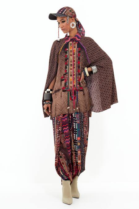 Buy_Aseem Kapoor_Multi Color Cotton, Silk, Crepe Mariyam Printed Cape Shirt And Draped Trouser Set 