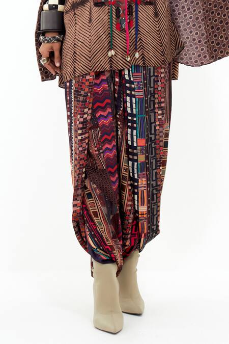 Shop_Aseem Kapoor_Multi Color Cotton, Silk, Crepe Mariyam Printed Cape Shirt And Draped Trouser Set 
