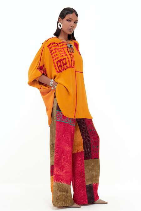Shop_Aseem Kapoor_Yellow Silk Embroidery, Tassels Collared Mandala Shirt With Straight Korean Pant _Online_at_Aza_Fashions