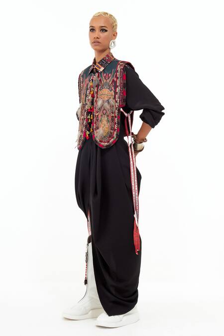 Buy_Aseem Kapoor_Multi Color , Satin, Crepe Beads Embroidered Gilet And Draped Skirt Set _Online_at_Aza_Fashions