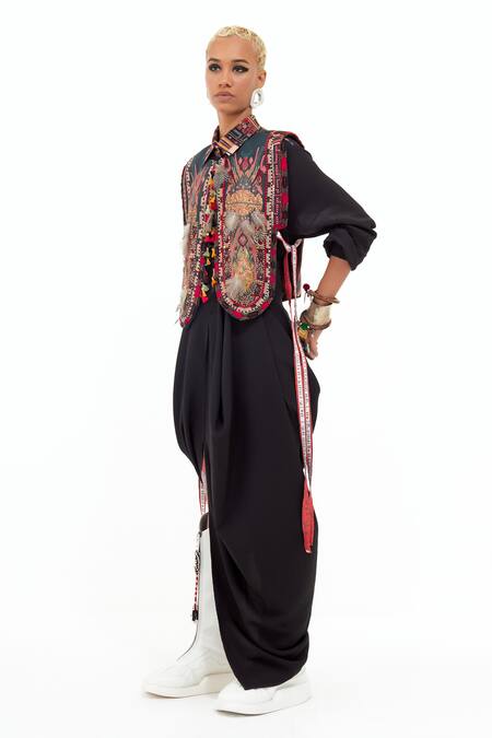 Shop_Aseem Kapoor_Multi Color , Satin, Crepe Beads Embroidered Gilet And Draped Skirt Set _Online_at_Aza_Fashions