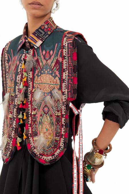 Aseem Kapoor_Multi Color , Satin, Crepe Beads Embroidered Gilet And Draped Skirt Set _at_Aza_Fashions