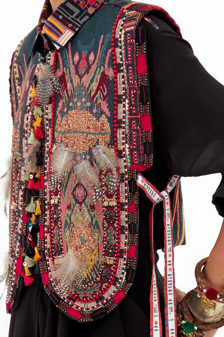 Buy_Aseem Kapoor_Multi Color , Satin, Crepe Beads Embroidered Gilet And Draped Skirt Set 