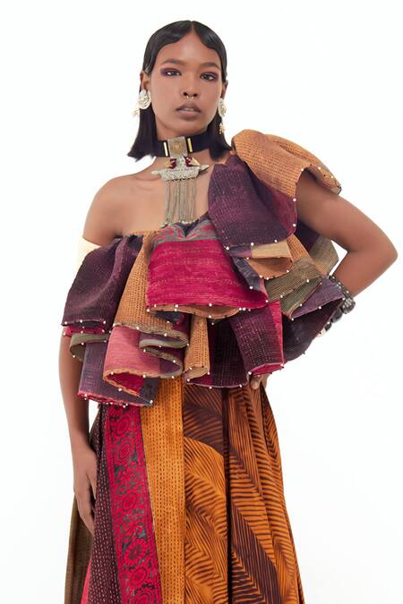 Aseem Kapoor Multi Color Crepe, Satin Beads One Roxanna Block Ruffle Top And Skirt Set Online at Aza Fashions Aseem Kapoor_Multi Color Crepe, Satin Beads One Roxanna Block Ruffle Top And Skirt Set _Online_at_Aza_Fashions