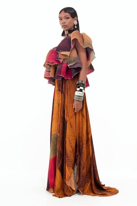 Shop Aseem Kapoor Multi Color Crepe, Satin Beads One Roxanna Block Ruffle Top And Skirt Set Online at Aza Fashions Shop_Aseem Kapoor_Multi Color Crepe, Satin Beads One Roxanna Block Ruffle Top And Skirt Set _Online_at_Aza_Fashions