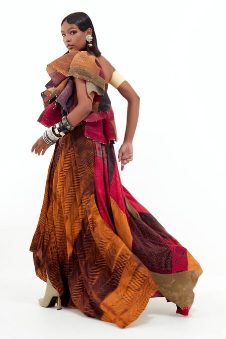 Aseem Kapoor Multi Color Crepe, Satin Beads One Roxanna Block Ruffle Top And Skirt Set at Aza Fashions Aseem Kapoor_Multi Color Crepe, Satin Beads One Roxanna Block Ruffle Top And Skirt Set _at_Aza_Fashions