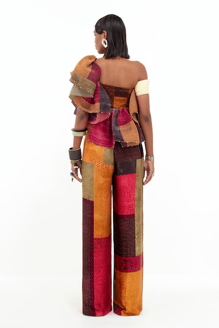 Shop_Aseem Kapoor_Multi Color Crepe, Satin Beads One Shoulder Roxanna Block Ruffle Top And Pant Set _at_Aza_Fashions