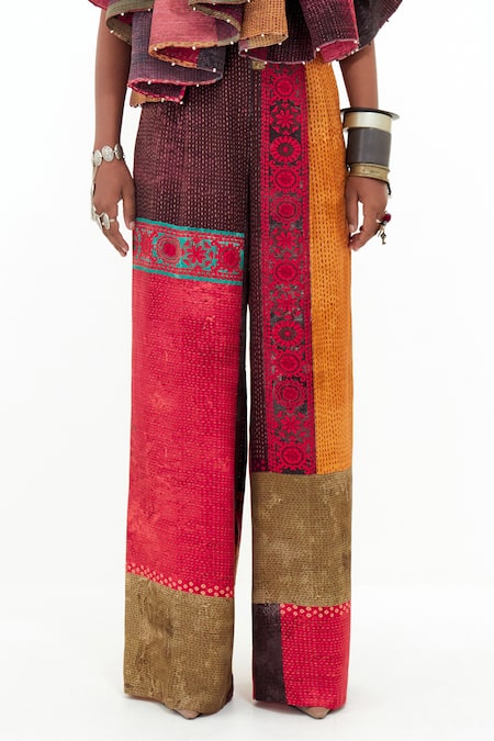 Aseem Kapoor_Multi Color Crepe, Satin Beads One Shoulder Roxanna Block Ruffle Top And Pant Set _Online_at_Aza_Fashions