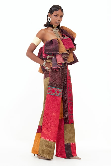 Shop_Aseem Kapoor_Multi Color Crepe, Satin Beads One Shoulder Roxanna Block Ruffle Top And Pant Set _Online_at_Aza_Fashions