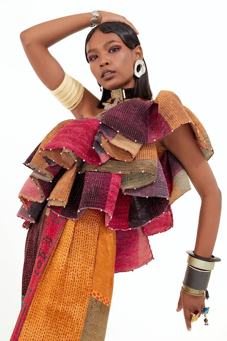 Aseem Kapoor_Multi Color Crepe, Satin Beads One Shoulder Roxanna Block Ruffle Top And Pant Set _at_Aza_Fashions